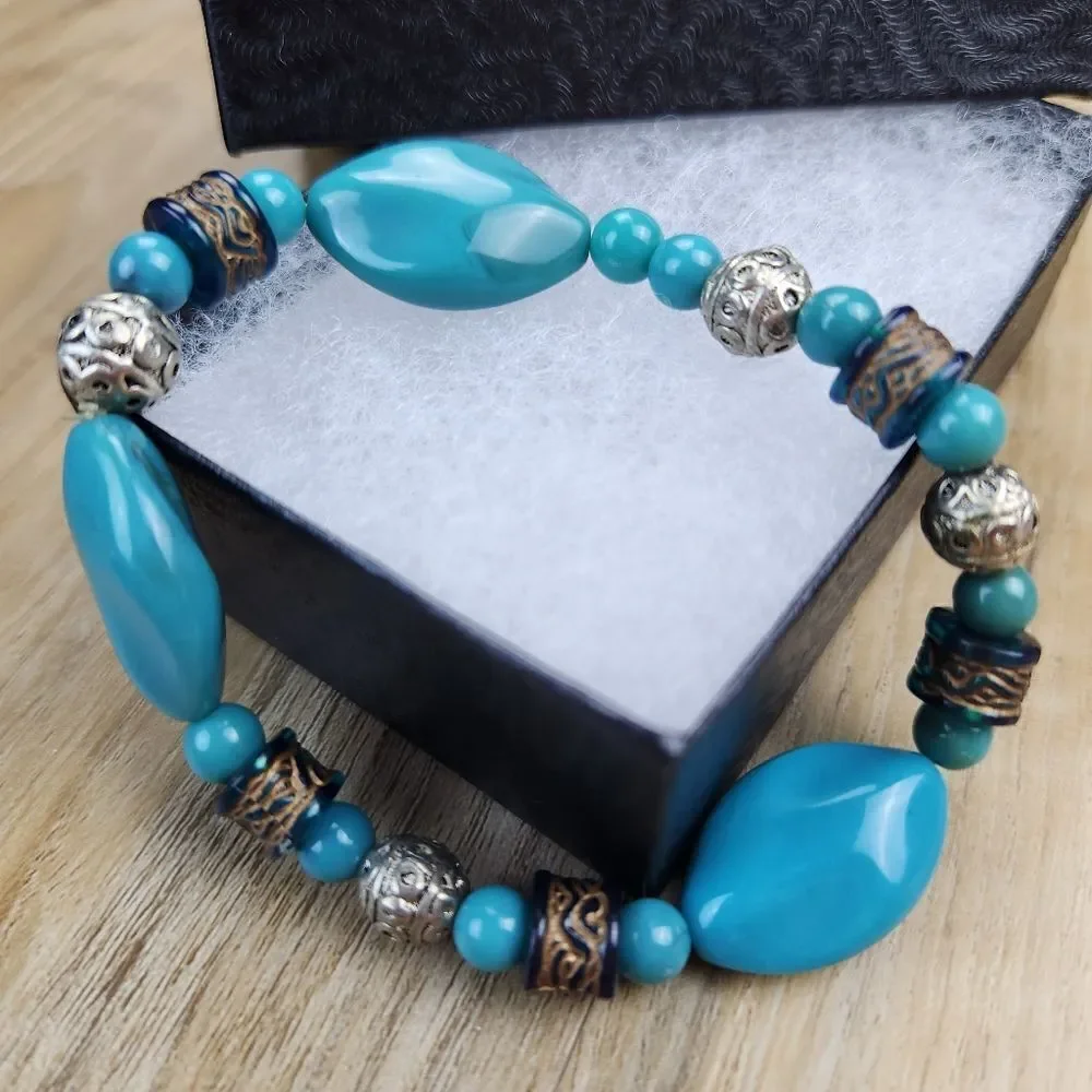 🔺️Turquoise Stone & Antique Silver Plated Beads Stretchy Bracelet